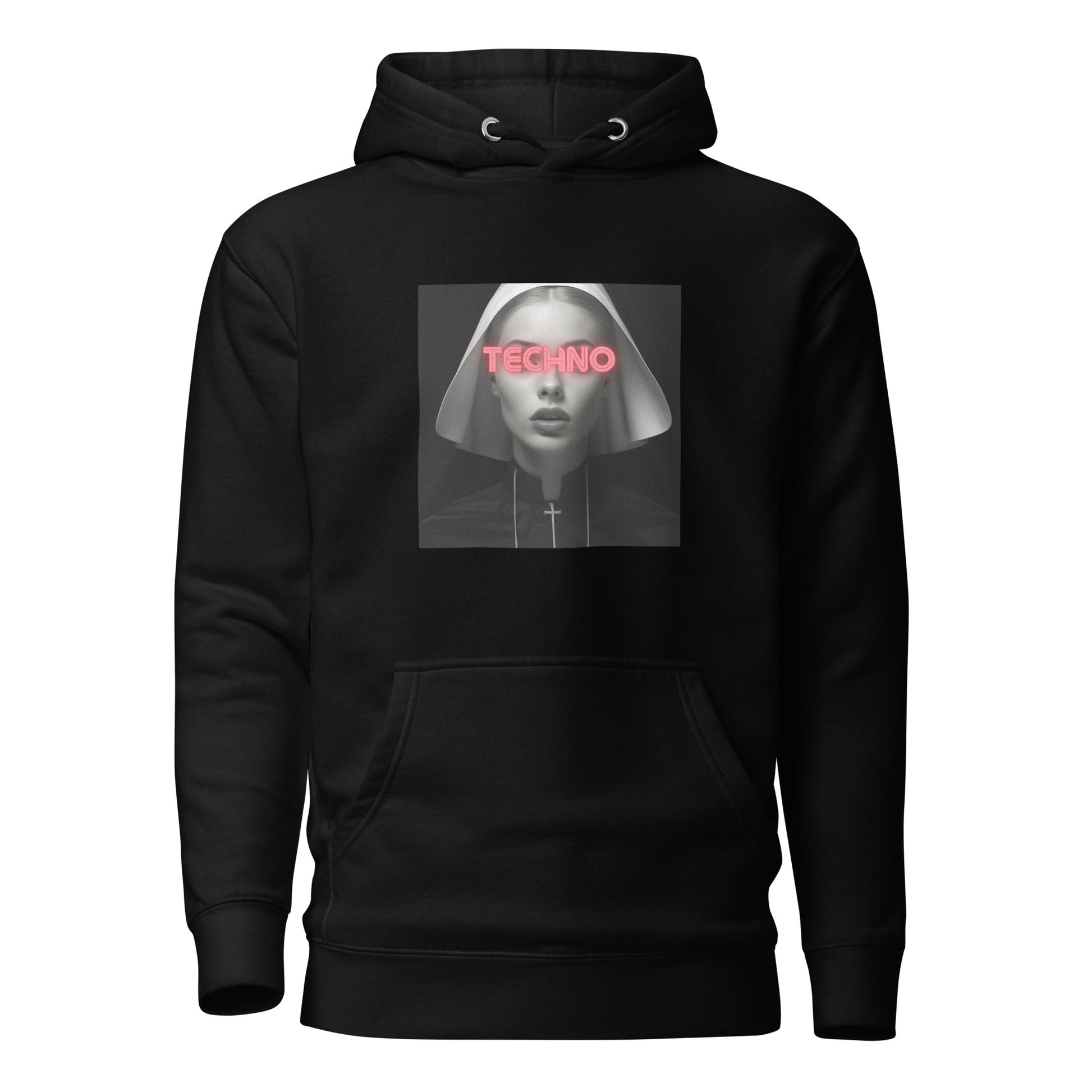 Schwarzer Unisex-Premium Techno Hoodie mit einem futuristischen Techno-Design auf der Vorderseite. Das Motiv zeigt eine Person mit weißem Kopfschmuck, rotem Neon-Schriftzug „TECHNO“ über den Augen, und einer minimalistischen, düsteren Ästhetik. Der Hoodie hat eine Kängurutasche und Kapuze mit Kordelzug.