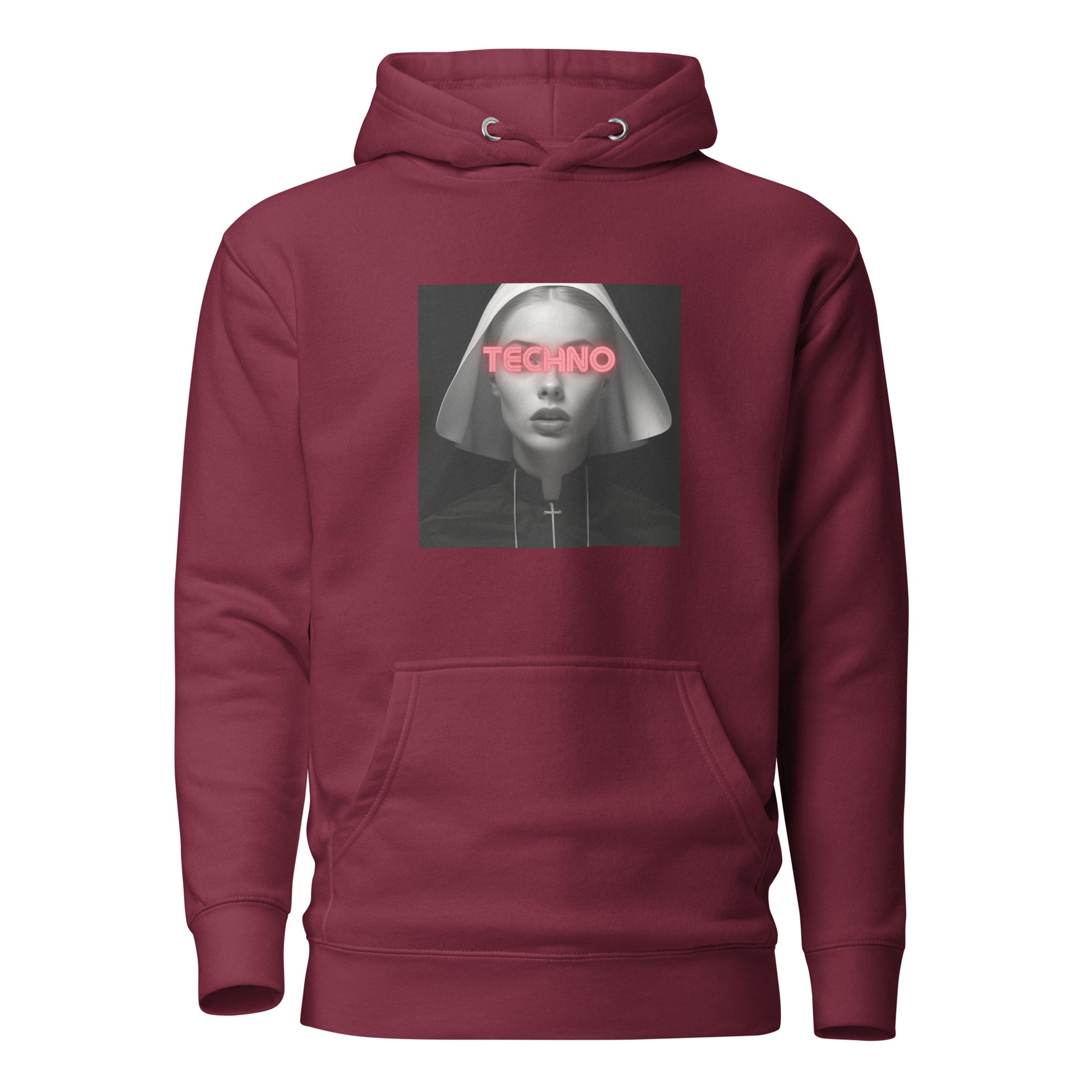 Das Bild zeigt einen roten Unisex-Premium-Hoodie, auf dem das bereits beschriebene Design mit der Person, die ein futuristisches und techno-inspiriertes Erscheinungsbild hat, prangt. Die Person trägt einen weißen Kopfschmuck, der an eine Nonnenhaube erinnert, und das leuchtend rote Neon-Wort „TECHNO“ schwebt über ihren Augen. Der Druck befindet sich zentral auf der Vorderseite des Hoodies und hebt sich deutlich von dem schwarzen Stoff ab. Der Hoodie hat eine Kängurutasche und eine Kapuze mit Kordelzug, 