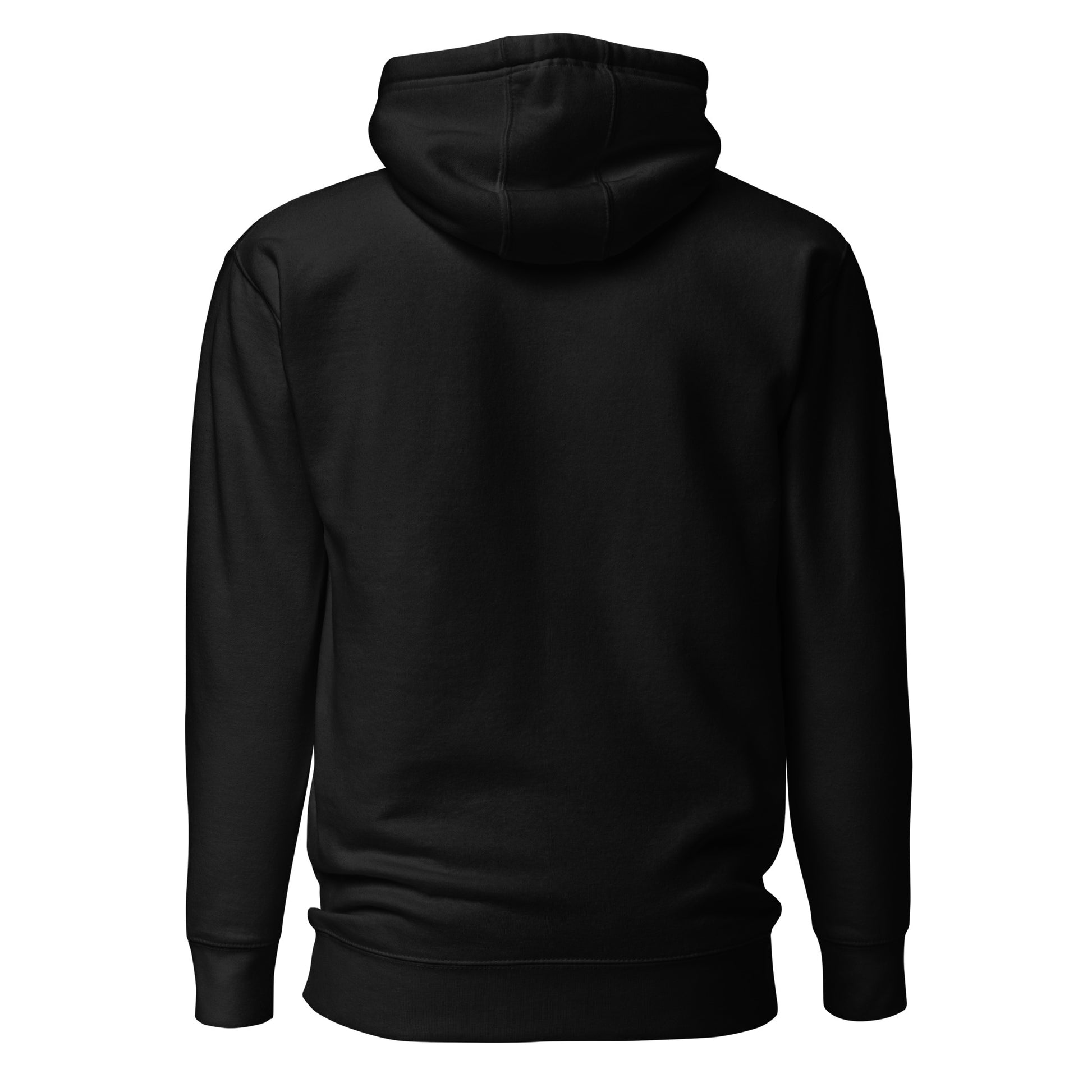 Das Bild zeigt einen schwarzen Unisex-Premium Techno Hoodie von hinten.