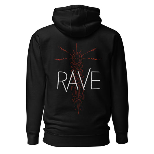 Der schwarze Techno Hoodie Unisex mit rotem Turm und dem Schriftzug Rave